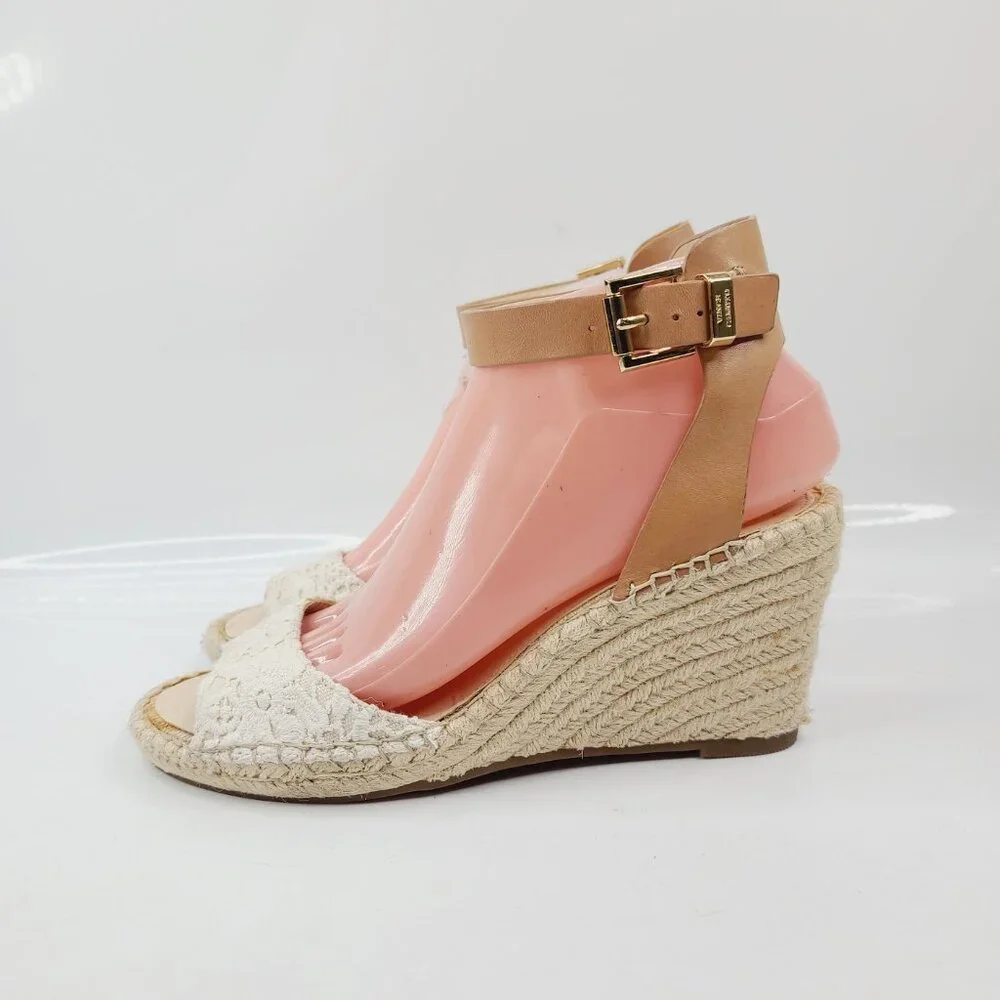 Vince Camuto Women's White Tan Jute‎ Wedge Ankle Strap Sandal Size US 8.5